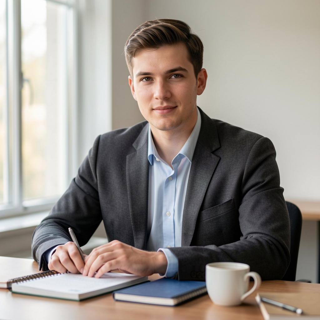 Editorial portrait of a man at a writing desk, soft natural light from a nearby window, notebooks and a coffee cup in the background