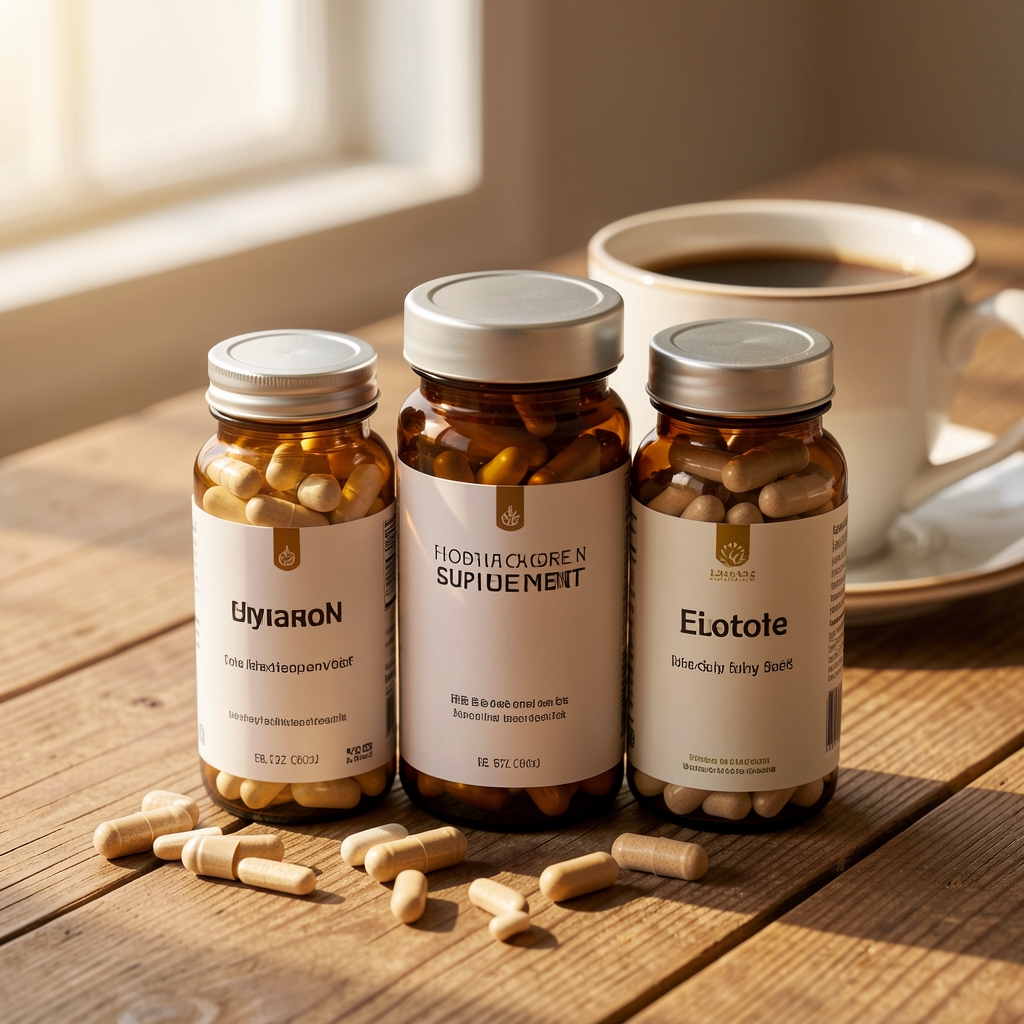 Close-up of supplement containers arranged on a wooden surface, warm natural morning light, editorial composition with a coffee cup in the background