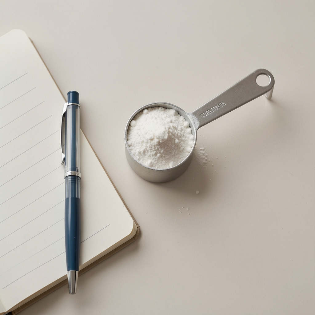 Creatine powder in a measuring scoop beside a notebook and pen on a light surface, editorial overhead composition, neutral background