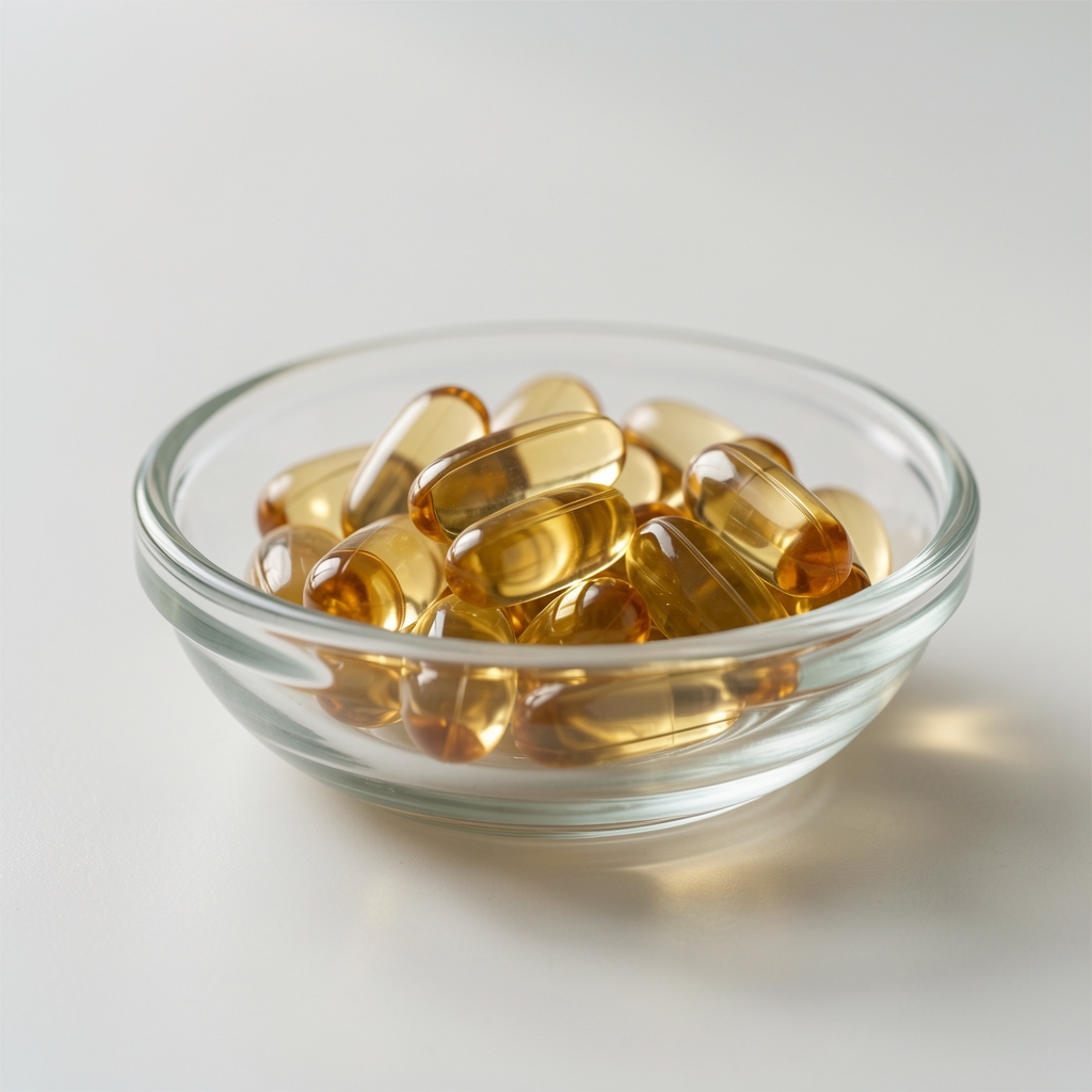 Omega-3 fish oil portions in a small glass dish on a clean surface, editorial close-up with soft natural light