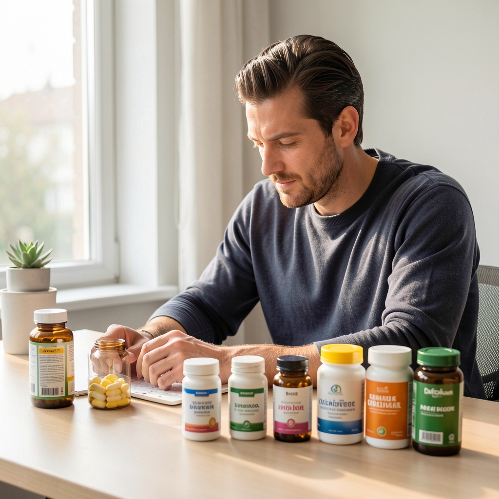Man preparing his morning supplement routine at a clean desk, natural light coming through a window, vitamin containers arranged neatly
